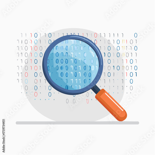Illustration of a magnifying glass over binary code, representing data analysis and security.