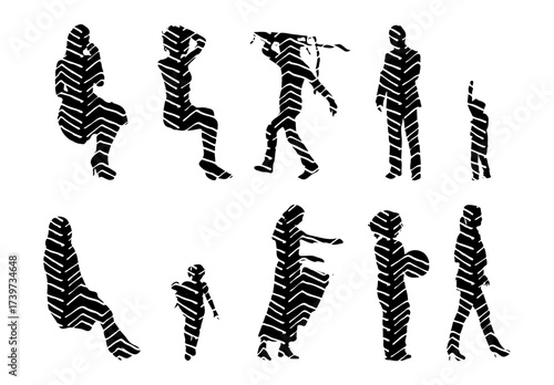 Vector illustration, Outline silhouettes of people, Contour drawing, people silhouette, Icon Set Isolated , Silhouette of sitting people, Architectural set