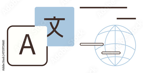 Letter A, a character from another alphabet, and a globe with text lines symbolizing language translation, global communication, and localization. Ideal for technology, education, business