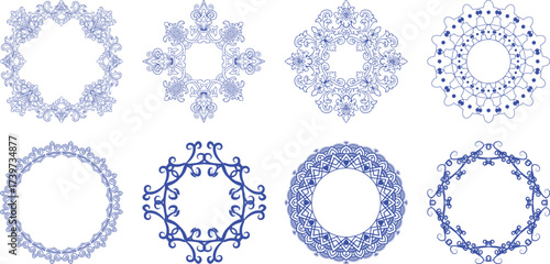 Collection of eight intricate blue ornamental circular and square frames