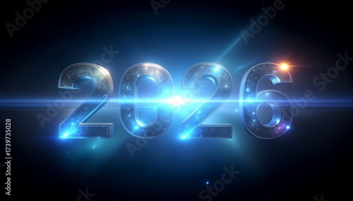 The year 2026 presented in bold metallic typography with brilliant blue lens flares and dynamic lighting effects for a futuristic celebration
