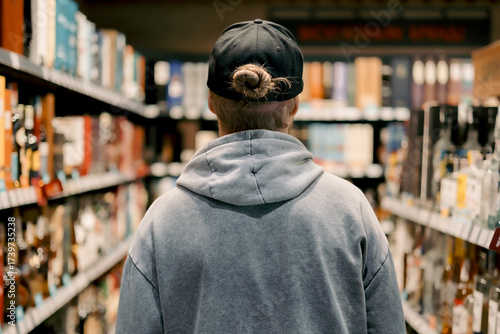Rear view of young man in supermarket alcohol section.