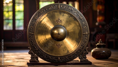 Traditional ornate gong suspended between intricately carved wooden supports, circular gong with raised central boss and concentric knobs, golden decorative patterns, symbolic carvings on wood, ceremo