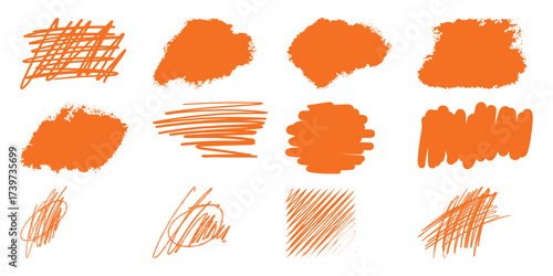 Collection of Orange Scribble and Brush Stroke Shapes on White Background