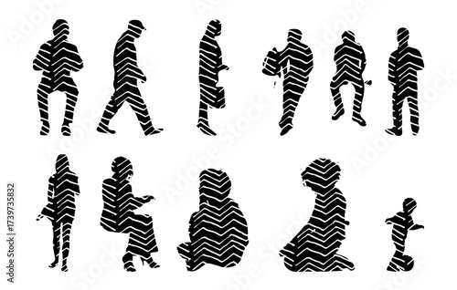 Vector illustration, Outline silhouettes of people, Contour drawing, people silhouette, Icon Set Isolated , Silhouette of sitting people, Architectural set