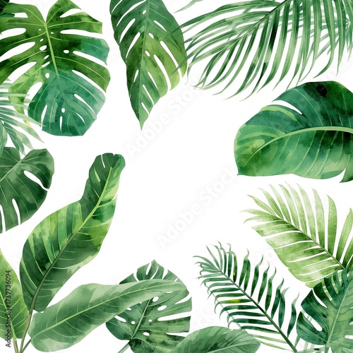 Create a vibrant tropical mood with lush green Monstera and palm leaves, perfect for adding a touch of exotic paradise to your designs