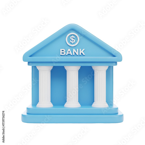 Blue bank building with columns and dollar sign, isolated on transparent background