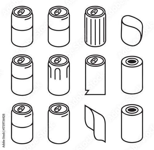 Soda can outline set, beverage packaging icons, soft drink cans, doodle vector illustration