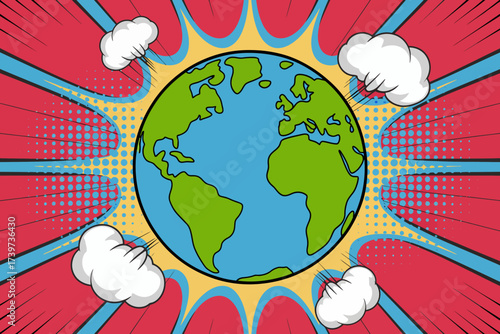 Cartoon Earth Globe with Comic Book Style Explosion and Clouds Illustration for Science and Education Projects