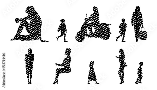 Vector illustration, Outline silhouettes of people, Contour drawing, people silhouette, Icon Set Isolated , Silhouette of sitting people, Architectural set