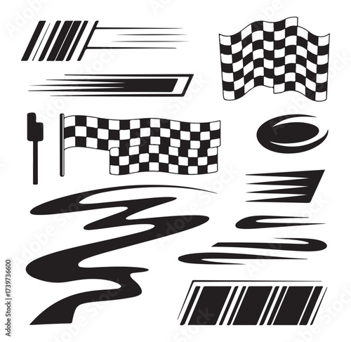 Racing flags doodle set, speed track icons, competition symbols, victory flags vector illustration