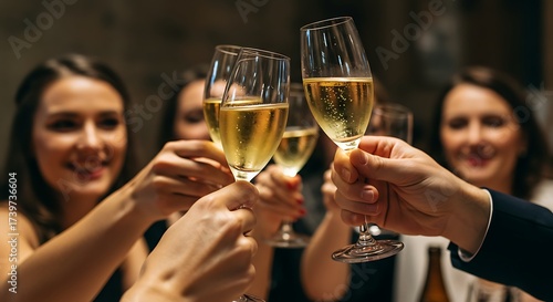 Friends celebrating with champagne flutes, raising a toast during a social gathering, illuminated by soft lighting.