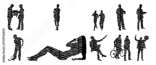 Vector illustration, Outline silhouettes of people, Contour drawing, people silhouette, Icon Set Isolated , Silhouette of sitting people, Architectural set