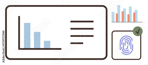 Bar chart, fingerprint scanner with checkmark, and summary details emphasize data analysis, security, and progress tracking. Ideal for business, technology, security, research UXUI authentication