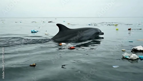 Dolphin swimming in polluted ocean filled with floating debris  