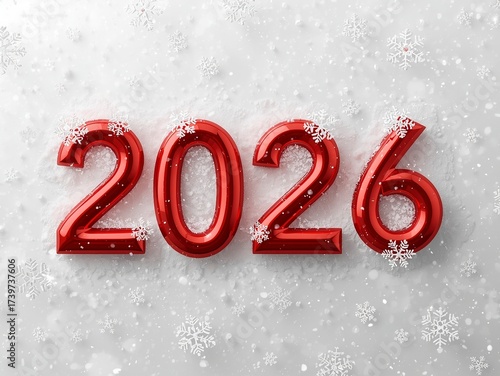Celebrate the shimmering New Year 2026 with festive red numbers and snowflakes, bringing cheer and joy to seasonal greetings and holiday promotions