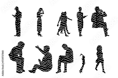 Vector illustration, Outline silhouettes of people, Contour drawing, people silhouette, Icon Set Isolated , Silhouette of sitting people, Architectural set