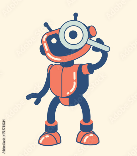 Cute AI robot mascot holding magnifying glass, symbolizing online search and innovation. Artificial intelligence concept for web technology, chatbot, and virtual assistance themes. Hand drawn clip art