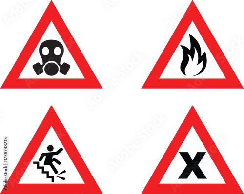 Warning Signs: Gas Mask, Fire, Slippery Steps, and Hazard