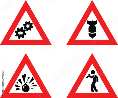 Warning Signs: Machinery, Bomb, Explosion, Armed Aggressor Danger