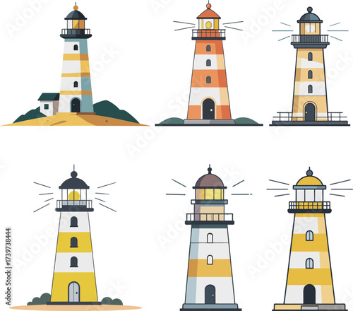 Vector illustration of lighthouse tower in flat design style with coastal beacon navigation light house for sea safety marine travel and ocean landscape