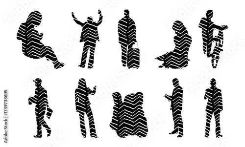 Vector illustration, Outline silhouettes of people, Contour drawing, people silhouette, Icon Set Isolated , Silhouette of sitting people, Architectural set
