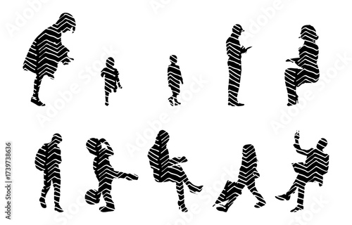 Vector illustration, Outline silhouettes of people, Contour drawing, people silhouette, Icon Set Isolated , Silhouette of sitting people, Architectural set
