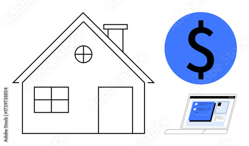 House structure, blue dollar sign, and laptop screen representing financial management, online tools, real estate investment, mortgage, fintech, budget planning digital economy. Simple flat metaphor