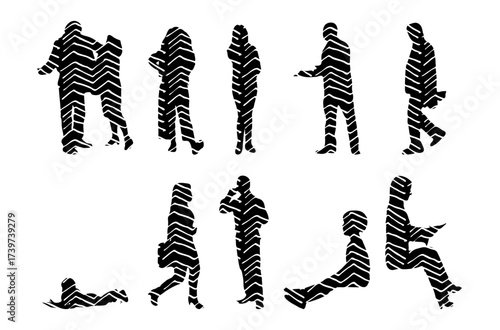 Vector illustration, Outline silhouettes of people, Contour drawing, people silhouette, Icon Set Isolated , Silhouette of sitting people, Architectural set