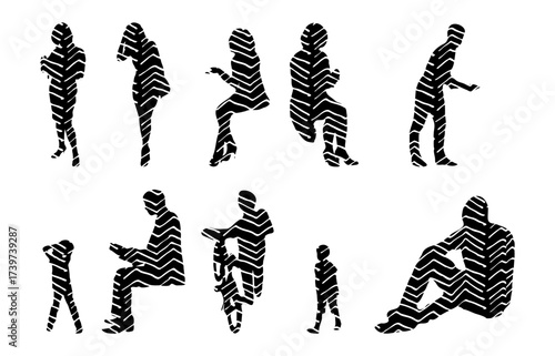Vector illustration, Outline silhouettes of people, Contour drawing, people silhouette, Icon Set Isolated , Silhouette of sitting people, Architectural set