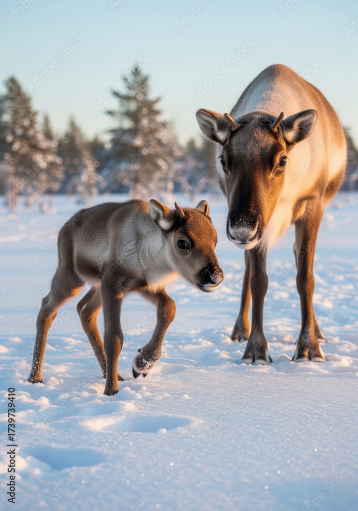 Naklejka premium A baby goat and its mother in the snow