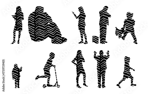 Vector illustration, Outline silhouettes of people, Contour drawing, people silhouette, Icon Set Isolated , Silhouette of sitting people, Architectural set