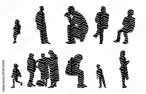 Vector illustration, Outline silhouettes of people, Contour drawing, people silhouette, Icon Set Isolated , Silhouette of sitting people, Architectural set
