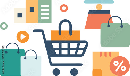 E-commerce shopping cart bags boxes and discount icons vector illustration scalable eps for online retail