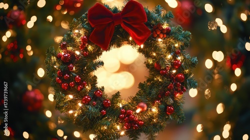 Festive Christmas Wreath with Red Bow and Sparkling Lights