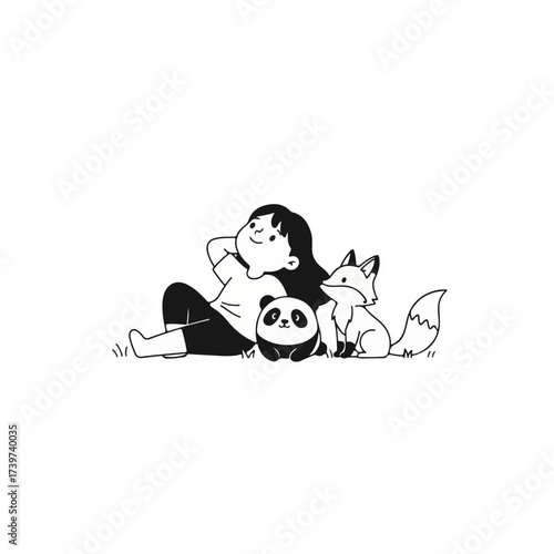Dreamy girl relaxing with panda and fox plush toys, enjoying peaceful innocence and friendship