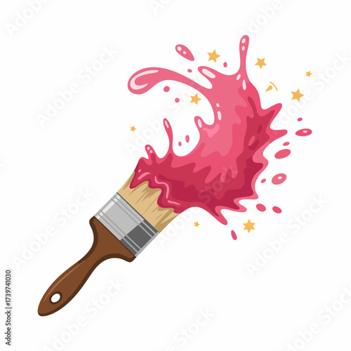 Paintbrush with Splash of Pink Paint and Golden Stars on White Background Creative Artistic Expression Tool Colorful Illustration Design