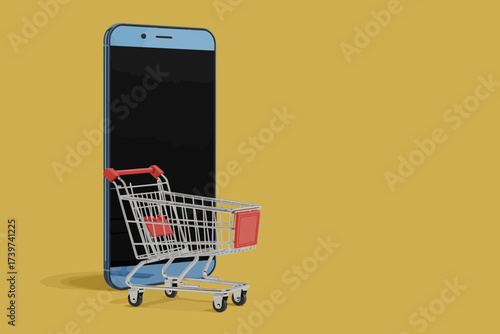 Online shopping concept with smartphone and miniature shopping cart on golden background for e commerce solutions and retail marketing