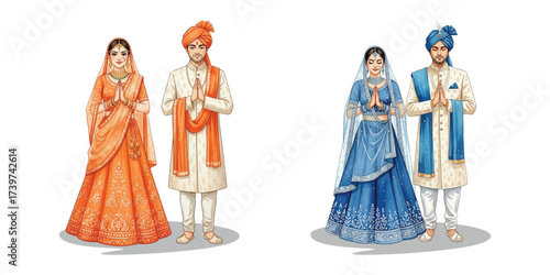 Traditional Indian Couple in Wedding Attire Greeting with Namaste