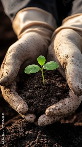 Close-up of Gloved Hands Holding Soil with Sprout in Professional Stock Composition