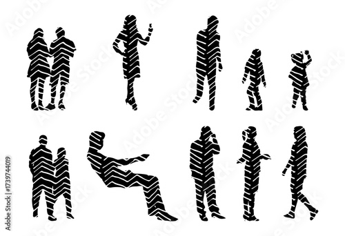Vector illustration, Outline silhouettes of people, Contour drawing, people silhouette, Icon Set Isolated , Silhouette of sitting people, Architectural set