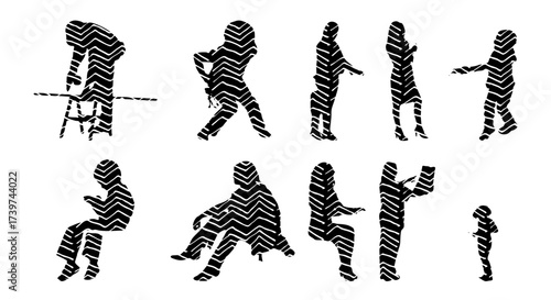 Vector illustration, Outline silhouettes of people, Contour drawing, people silhouette, Icon Set Isolated , Silhouette of sitting people, Architectural set