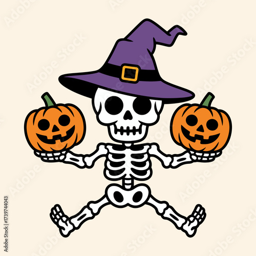 Halloween Skeleton with Witch Hat and Pumpkins Illustration