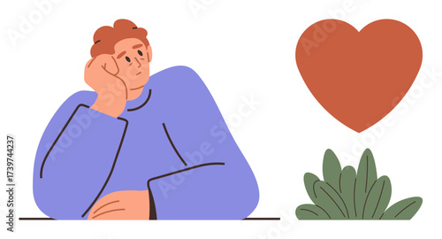 Person pondering emotions while gazing at a red heart above green leaves. Ideal for love, relationships, introspection, self-care, nostalgia, mindfulness, open communication. Simple flat metaphor