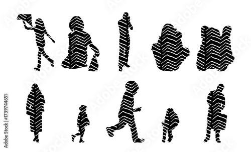 Vector illustration, Outline silhouettes of people, Contour drawing, people silhouette, Icon Set Isolated , Silhouette of sitting people, Architectural set