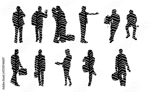 Vector illustration, Outline silhouettes of people, Contour drawing, people silhouette, Icon Set Isolated , Silhouette of sitting people, Architectural set