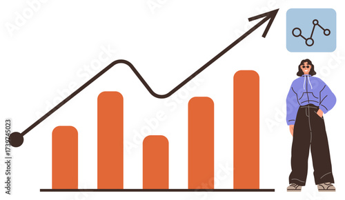 Orange bar chart with upward arrow trend, network connection icon, and casually dressed person. Ideal for business, success, analysis, progress, teamwork innovation strategy. Minimalistic flat