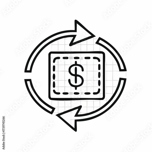 Interior with nobody empty dollars around arrows symbol concept for cash flow and financial turnaround