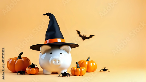 A piggy bank wearing witch hat surrounded by pumpkins and spider, copy space, isolated on orange background - investment, future plan, saving money for holiday budget concept 
