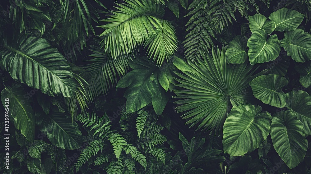 Fototapeta premium Lush tropical foliage wall, indoor garden background, design texture